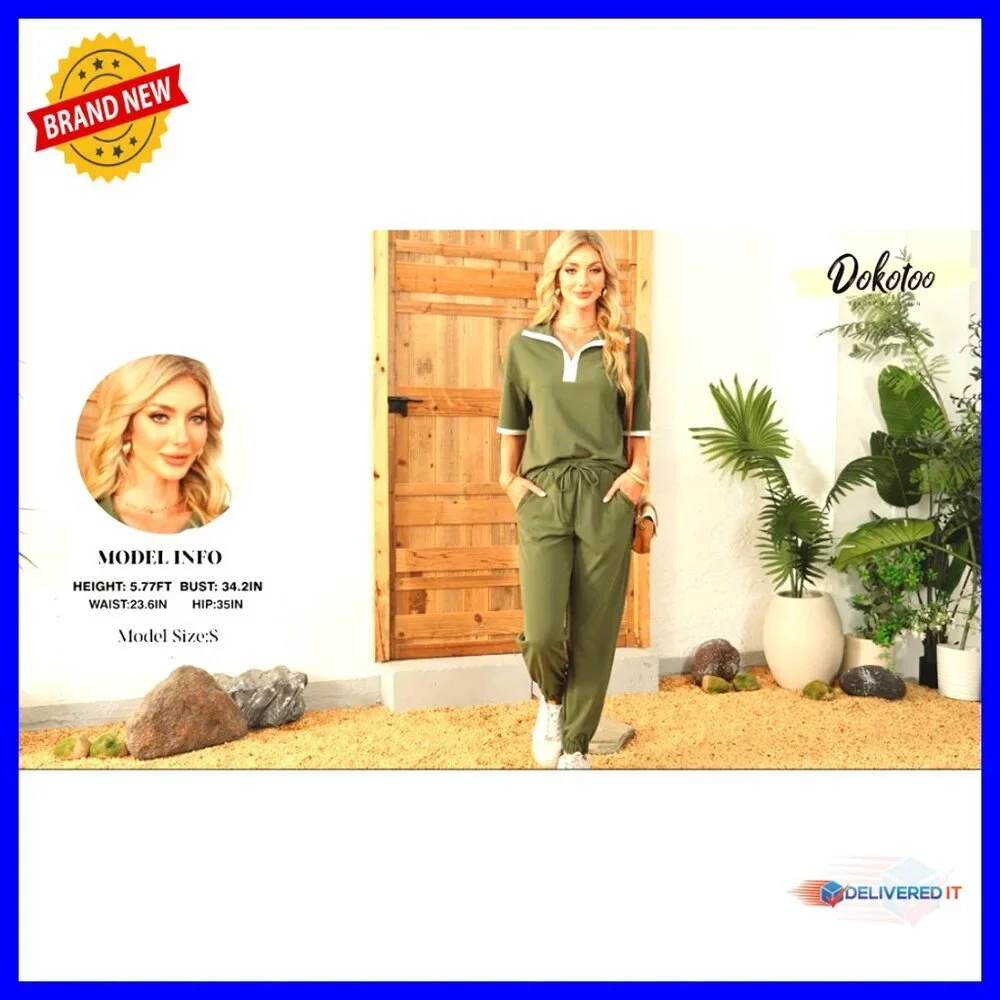 V-Neck Lapel Short Sleeve Tops Long Pants Tracksuit Lounge Jogger Set with - Picture 7 of 7